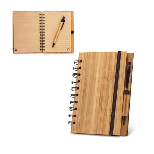 [93485-160] DICKENS A5. Caderno A5 espiral de capa dura em bambu, com páginas pautadas em papel 100% reciclado