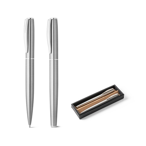 [51781-127] ELLA. Conjunto de canetas roller e esferográfica em aço inox 53% reciclado e escrita em preto