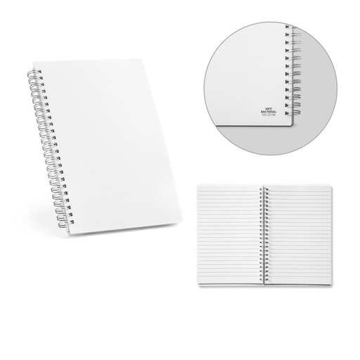 [93474-106] COBEN. Caderno A5 de capa flexível em PP, com tratamento antibacteriano e páginas pautadas recicladas