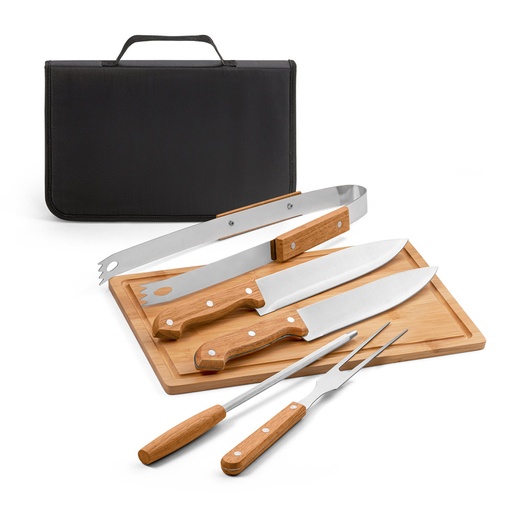 [94142-103] GARLIC KING. Kit churrasco em estojo de 210D com tábua em bambu e 5 utensílios em aço inox e madeira de Seringueira